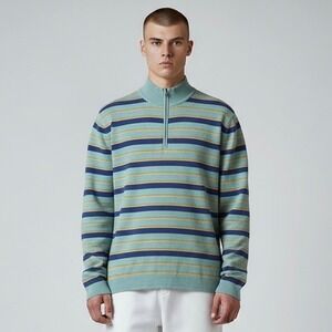 Peter Millar Crown Sport Sweater Men Medium Green Stripe Cotton 1/4 Zip Pullover